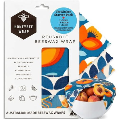 Honeybee Beeswax Wraps - Kitchen Starter Pack - Certified Organic Cotton Beeswax Wrap - Reusable Beeswax Wraps for Food - Plastic Wrap & Sandwich Bags Alternative - 3 Pack - Small, Medium & Large