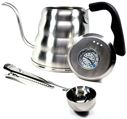 Pour Over Coffee Kettle with Thermometer 1.2L - Gooseneck Hand Grip - Premium Stainless Steel - Bonus Coffee Scoop