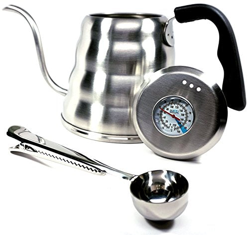 Pour Over Coffee Kettle with Thermometer 1.2L - Gooseneck Hand Grip - Premium Stainless Steel - Bonus Coffee Scoop