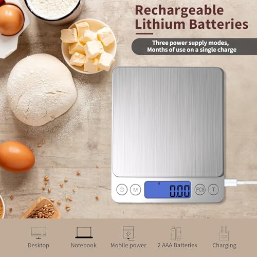 Digital Gram Scale 1000g/0.01g, Scale for Food Ounces and Grams, Upgrade USB Charging Kitchen Scale Digital Weight for Cooking, Baking, Tare Function, 9 Units, 2 Tray - color: Silver