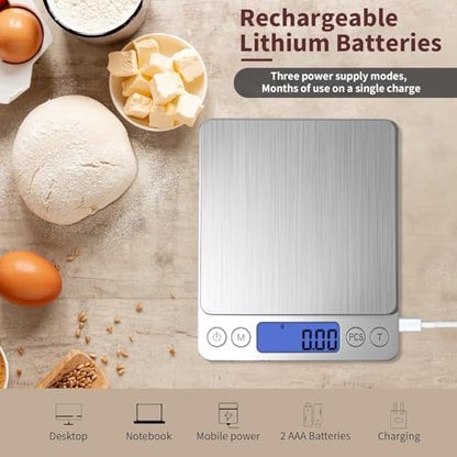 Digital Gram Scale 1000g/0.01g, Scale for Food Ounces and Grams, Upgrade USB Charging Kitchen Scale Digital Weight for Cooking, Baking, Tare Function, 9 Units, 2 Tray - color: Silver