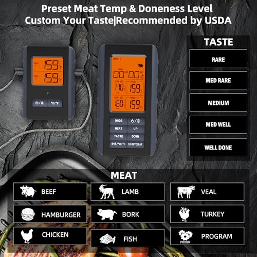 Remote Meat Thermometer Wireless, Vauno Wireless Meat Thermometer for Grilling and Smoking with Dual Meat Probe, Kitchen Timer, Digital Cooking Food Thermometer for Smoker BBQ Oven Outside Grill - style: 2 Probes