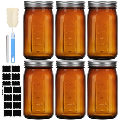 32 oz Amber Glass Mason Jars 6 Pack, Wide Mouth Airtight Lids with Bands | Amber glass, canning/preserving/jam/sauces/pickle fermenting, beverages/DIY projects, reusable, quart size, wide mouth design