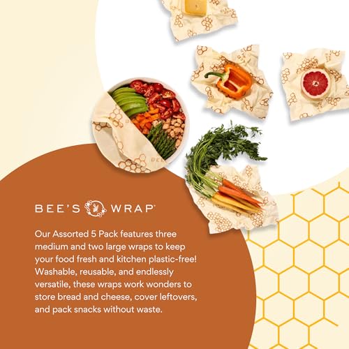 Bee's Wrap Beeswax Wraps for Food - Assorted 5 Pack of Beeswax Wraps - 2 Large & 3 Medium Wrap - Plastic Free Made in USA Reusable Natural Food Wrap - Honeycomb Print - style: 5 Pack (Honeycomb)