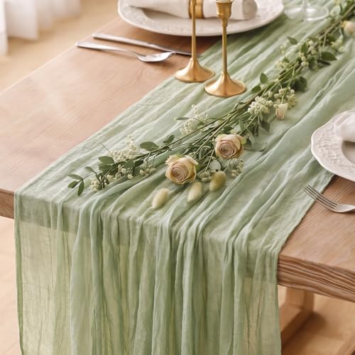Sage Green Cheesecloth Table Runner 120 Inch 10FT Cheese Cloth Runners 1 Pack for Baby Shower, Boho Decor, Wedding Decoration, Jungle Theme Party - color: Dusty Green