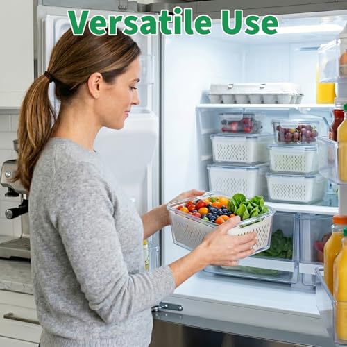 Vegetable Containers for Fridge, Stay Fresh Fruit Vegetable Storage Containers with Lid and Removable Colander, Stackable Vegetable Storage for Berry Salad Lettuce Vegetables Meat Various Food, 3PCS
