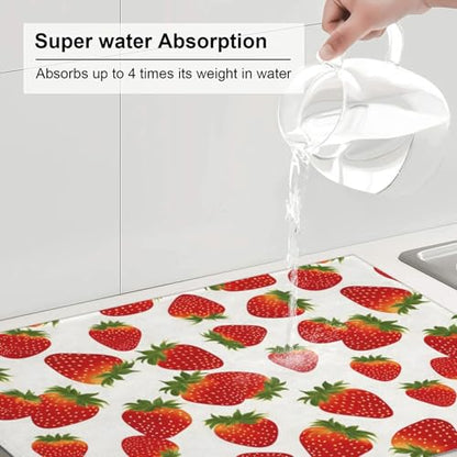Cute Strawberry Dish Drying Mat For Kitchen Counter, Super Absorbent Microfiber Dish Drying Pad, Kitchen Gadgets For Easy Clean Multi-Use Large 18"x24" - color: Cute Strawberry