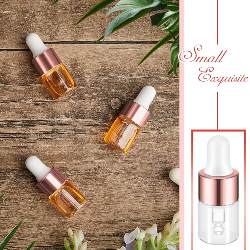 Didaey 200 Pcs 1/2/3/5/10/15 ml Mini Glass Oil Dropper Bottle Bulk, Clear Essential Small Empty Bottles Sample Containers Perfume Liquid Vials with Cap for Traveling (2 ml,Rose Gold) - color: Rose Gold, size: 2 ml