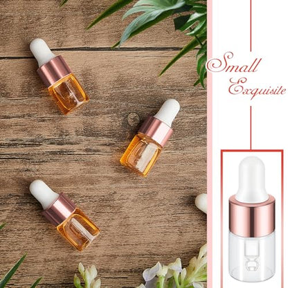 Didaey 200 Pcs 1/2/3/5/10/15 ml Mini Glass Oil Dropper Bottle Bulk, Clear Essential Small Empty Bottles Sample Containers Perfume Liquid Vials with Cap for Traveling (2 ml,Rose Gold) - color: Rose Gold, size: 2 ml