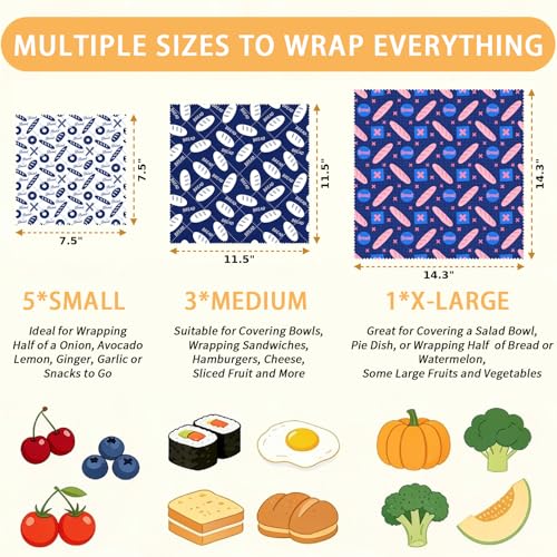 Reusable Beeswax Wraps, Blue & White Bread Bakery Wraps, 9 Pack Eco-Friendly Food Covers, Organic, Sustainable, Zero Waste, Plastic-Free, For Sandwich, Snack, Bowl, 1XL, 3M, 5S - color: Blue Bread