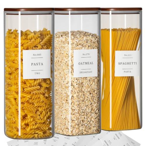 Wissy&Konny 3 Pack Square Glass Pasta Storage Containers with Walnut Wooden Airtight Lids, 70oz Tall Spaghetti Container Storage for Pasta,Spaghetti,Cereal,Space Saving Design(132 Pantry Labels)