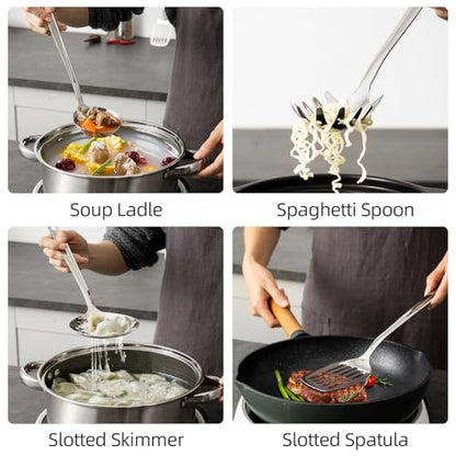 18/8 Stainless Steel Cooking Utensil set, 8 Pieces Metal Kitchen Utensils set, Slotted Spoon,Meat Fork,Ladle,Skimmer Spoon,Spatula,Spaghetti Server,Large Spoon,Masher (Dishwasher Safe, Silver) - size: 18/8 Stainless Steel Utensil Set of 8