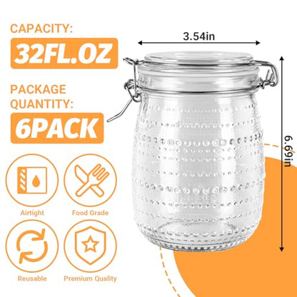 Alotpower 32 oz Wide Mouth Mason Jars with Airtight Lids 6 Pack | Quart Glass Pickling Jars with Hinged Lids for Canning,Kitchen Pantry Organization,Fermentation,Dry Food and Spices Storage - color: 32fl.oz 6pack