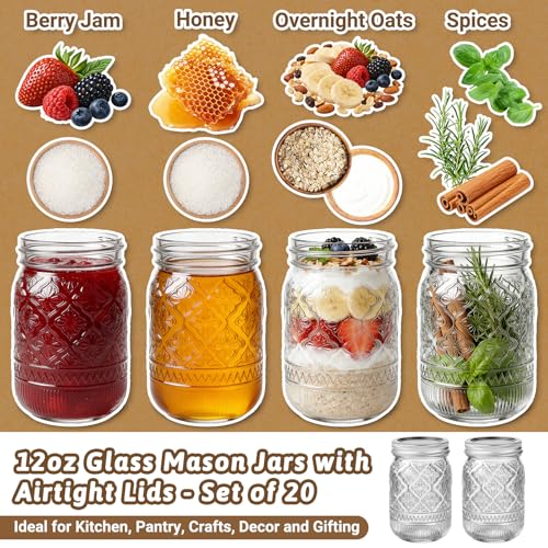 STARSIDE 12oz Glass Embossed Mason Jars 20-Pack with Airtight Split Lids | Regular Mouth Canning Jars for Jams, Honey, Pickling, Fermenting, Meal Prep, Spices, Food Storage, Favors & DIY Projects - color: Clear04-12oz
