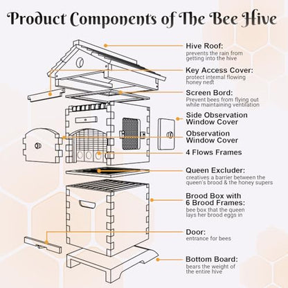 Bee Hive,Auto-Harvest Honey Beehive Wooden Box,Auto Bee Hives Boxes Starter kit with with Observation Chamber,Beehives and Supplies Starter Kit for Beekeepers