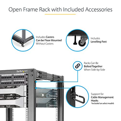 StarTech 18U 4-Post Server Rack, 19in Open Frame Rack with 40in (101cm) Mounting Depth and 1200lb (544kg) Weight Capacity, Mobile or Floor Mount IT Rack | Mobile or floor mount, Cage nuts & screws, U & depth markings, Cable management, EIA/ECA-310-E - siz