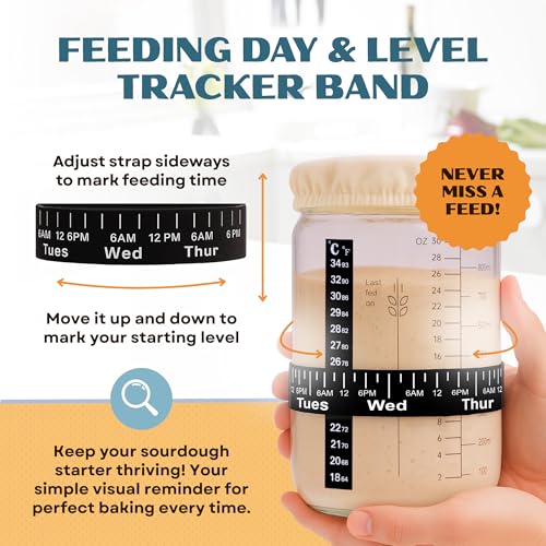 Sourdough Starter Jar Kit 34oz - Wide Mouth Glass Jar with Thermometer Strip, Feeding Day Tracker, Silicone Spatula, Cloth Cover, Measuring Cups & Metal Lid for Homemade Artisan Sourdough Bread Baking
