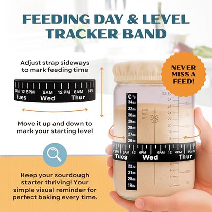 Sourdough Starter Jar Kit 34oz - Wide Mouth Glass Jar with Thermometer Strip, Feeding Day Tracker, Silicone Spatula, Cloth Cover, Measuring Cups & Metal Lid for Homemade Artisan Sourdough Bread Baking