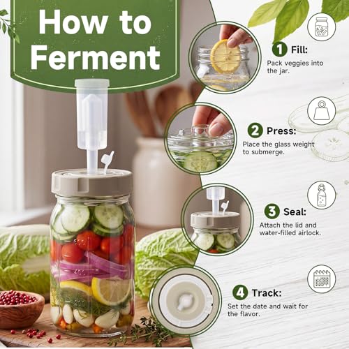 4 Sets Fermentation Kit for Mason Jar Includes Silicone Lids, 32 oz Wide Mouth Jars with Date Tracker, Glass Weights with Handle, Airlocks for Sauerkraut Kimchi Pickles Vegetable