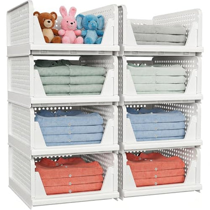 caktraie 4 Pack Stackable Closet Storage Basket - Stackable Storage Bins, Multifunctional & Foldable Closet Organizer Divided, Wardrobe Cupboard Space-Saving Clothes Storage Hat Organizer, White - size: 4 Pack White