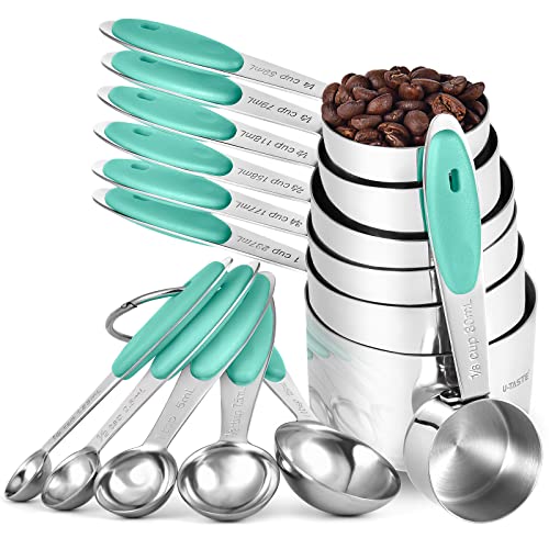 Measuring Cups and Spoons Set: U-Taste 18/8 Stainless Steel 12 Pieces Metal Stacking Kitchen Baking Cooking Food Measure Set 7 Cups 5 Spoons with Strengthened Weld Joints (Aqua Sky) - color: Aqua Sky