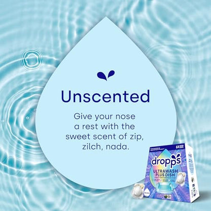 Dropps UltraWash Plus Dishwasher Detergent Pods, Unscented (64 Ct) Free & Clear | Triple Action | Built In Rinse Aid | Cuts Grease & Stuck-On Food | Sparkling Dishes | Residue-Free | Clean Ingredients