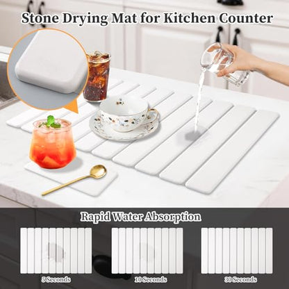 Diatomaceous Stone Drying Mat for Kitchen Counter with Sink Faucet Mat, White Absorbent Quick Dry Dish Drying Mat Set, Diatomite Stone Slat Countertop Pad for Dishes, Cups - color: White
