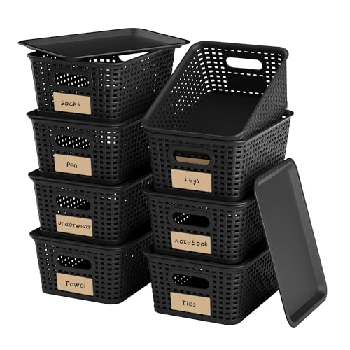 8-Pack Black Plastic Storage Baskets with Lids, Label Organizers, Stackable Organizer Containers: For Organizing Shelves, Drawers, Desk Closets, Playrooms, Classrooms, Offices - color: Black
