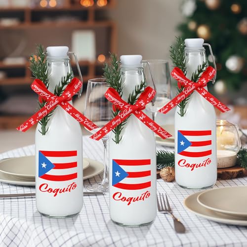 Sieral 12 Pack Christmas Puerto Rico Coquito Swing Top Glass Bottle 8oz Clear Flip Top Beer Brewing Bottles with Ribbon and Artificial Branches for Liquids Wine Christmas Xmas Gifts - style: Puerto Rico