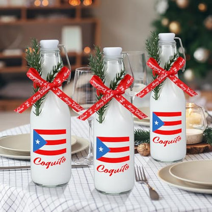 Sieral 12 Pack Christmas Puerto Rico Coquito Swing Top Glass Bottle 8oz Clear Flip Top Beer Brewing Bottles with Ribbon and Artificial Branches for Liquids Wine Christmas Xmas Gifts - style: Puerto Rico