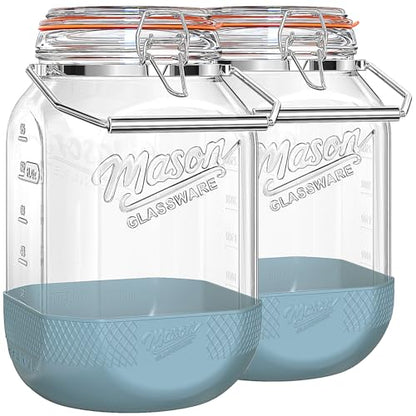 2 Pack Square 1 Gallon Glass Jar with Airtight Lid, Large Mason Jars Wide Mouth 128 Oz with Scale Marks & Handle, Glass Storage Containers with Anti-slip Base for Kitchen, Pantry, Laundry Room, Flour