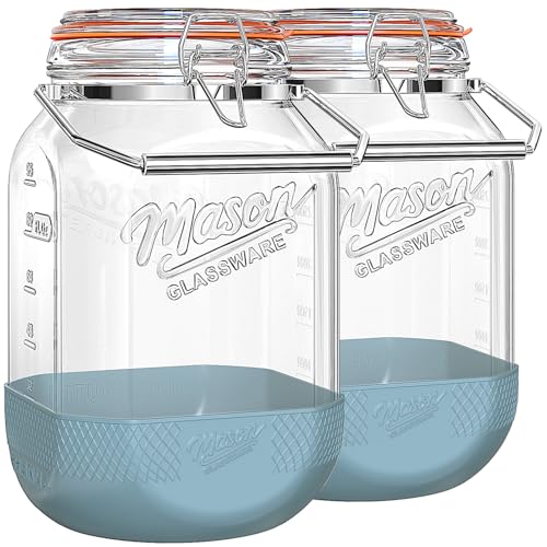 2 Pack Square 1 Gallon Glass Jar with Airtight Lid, Large Mason Jars Wide Mouth 128 Oz with Scale Marks & Handle, Glass Storage Containers with Anti-slip Base for Kitchen, Pantry, Laundry Room, Flour
