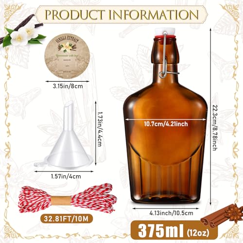 Uiifan 2 Pack 12 oz Vanilla Extract Bottles with Swing Top Flask Whiskey Pocket Amber Glass Flask for Homemade Vanilla Extract Lemon Kombucha Water Apply Christmas Wedding Gift (Amber) - color: Amber, size: 12oz