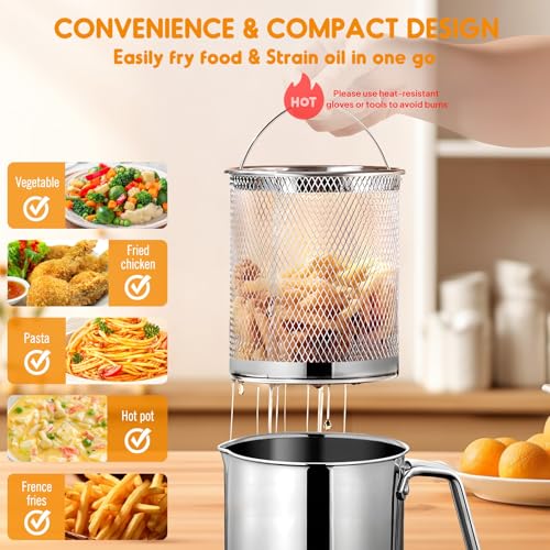 Chihee Grease Container Deep Fryer 2 in 1 Stainless Steel 2L / 67.6 fl oz | Bacon Grease Saver with Fine Mesh Strainer Fry Basket Oil Container Grease Can with Lid Tray for Kitchen Storing Frying - color: Silver(2L with Fryer Basket)