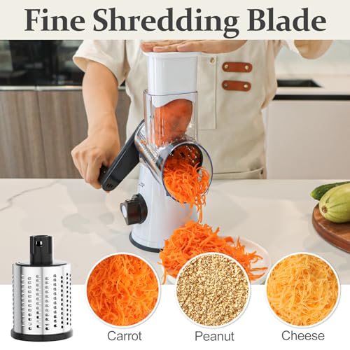 Cambom Rotary Cheese Grater Hand Crank Cheese Shredder for Fresh Cheese, Vegetable, Nuts,Non-slip Suction Base, Three Blades, Black White - color: White Black, size: 3 BLADES