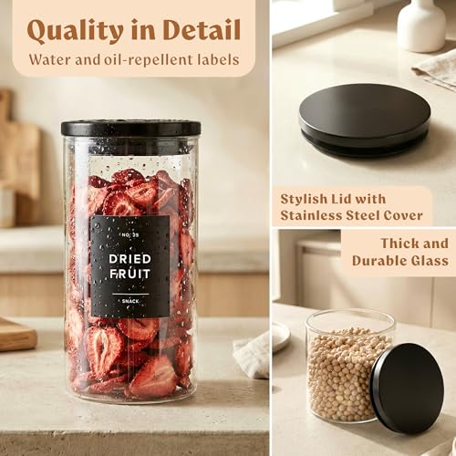 EDELHAUS Glass Storage Containers with Black Lids [4x40oz] Extra Thick Glas with 54 Labels - Canister For Pantry Noodles Flour Cereal Rice Sugar Tea Coffee Beans - Round Set - color: 4x40oz - Black Lids