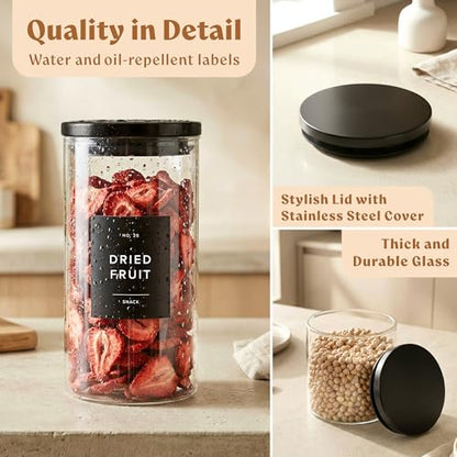 EDELHAUS Glass Storage Containers with Black Lids [4x40oz] Extra Thick Glas with 54 Labels - Canister For Pantry Noodles Flour Cereal Rice Sugar Tea Coffee Beans - Round Set - color: 4x40oz - Black Lids