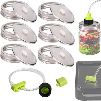 vacuum seal mason jar lids for FoodSaver Vacuum Sealer, Vacuum Seal Lid for 3.38 in Mason Jar,6 set vacuum stainless Steel Lids for Food Storage +Accessory Hose - size: 86mm