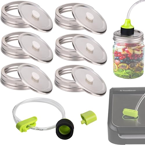 vacuum seal mason jar lids for FoodSaver Vacuum Sealer, Vacuum Seal Lid for 3.38 in Mason Jar,6 set vacuum stainless Steel Lids for Food Storage +Accessory Hose - size: 86mm