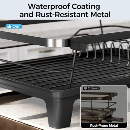 Urackify Dish Drying Rack for Kitchen Counter, Sink Dish Rack with Drainboard 12.2" W x 16.5" L, Large Dish Drainer with Cutlery Holder, Home Countertop Plate Dryer Storage Rack, Black - color: Black
