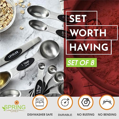 Spring Chef Stainless Steel Magnetic Measuring Spoons Set with Strong N45 Magnets, Heavy Duty Metal Kitchen Gadgets for Baking & Cooking, Fits in Most Kitchen Spice Jars, Set of 8 with Leveler, Black - color: Black, size: 1-Pack
