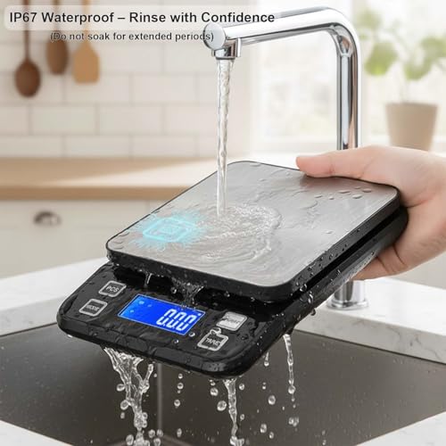 Waterproof Digital Kitchen Scale 0.001oz/0.1g Precision, Stainless Steel Electronic Scale with 3 Power Options (Rechargeable/AAA/Built-in), 10 Units Conversion, Smart Standby, 22lb/10kg Capacity - size: 22lb