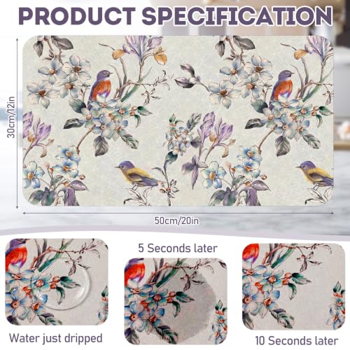 LemonRoad Dish Drying Mat for Kitchen Counter, 12"x20" Absorbent Coffee Bar Mat with Flowers Birds Design, Fast-dry Diatomite Drainer Drying Mats with Non-slip Backing for Kitchen Sink Countertop - style: Flowers and Birds