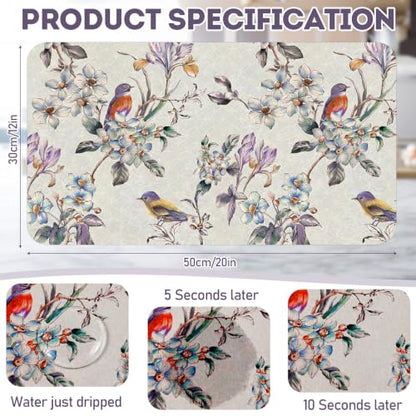 LemonRoad Dish Drying Mat for Kitchen Counter, 12"x20" Absorbent Coffee Bar Mat with Flowers Birds Design, Fast-dry Diatomite Drainer Drying Mats with Non-slip Backing for Kitchen Sink Countertop - style: Flowers and Birds