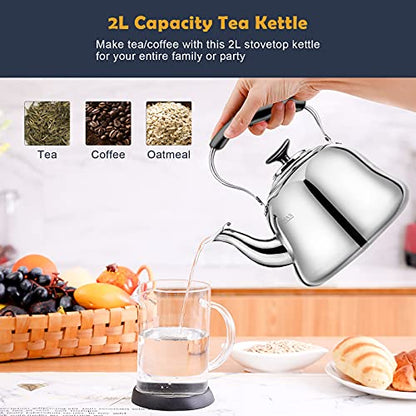 Tea Kettle Stovetop Whistling Teakettle ClassicTeapot Stainless Steel Tea Pots for Stove Top with Heat-resistant Folding Handle Mirror Finish, 2 liters | Premium Food Grade Stainless Steel Whistling Tea Kettle with Heat-Resistant Folding Handle for Fast B
