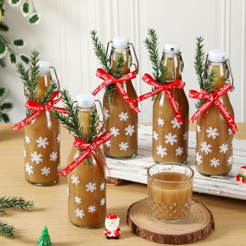 Sieral 12 Pack Christmas Snowflake Swing Top Glass Bottle 8oz Clear Flip Top Beer Brewing Bottles with Ribbon and Artificial Branches for Liquids Wine Xmas Gifts - style: Snowflake