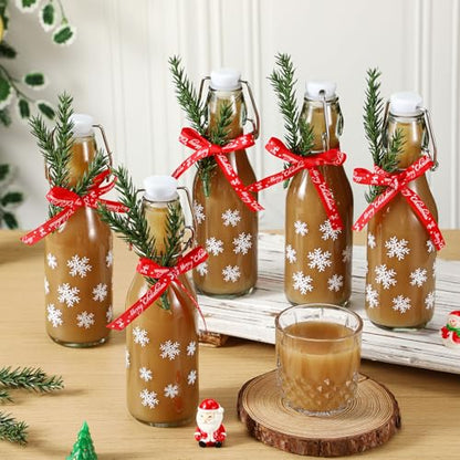 Sieral 12 Pack Christmas Snowflake Swing Top Glass Bottle 8oz Clear Flip Top Beer Brewing Bottles with Ribbon and Artificial Branches for Liquids Wine Xmas Gifts - style: Snowflake