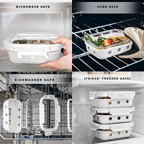 GENICOOK Glass Food Storage Meal Prep Containers - Food Grade Silicone Wrap & Air Release Vent, Rectangular shape - 8 Pc Set (4 Containers - 4 Matching Lids) - color: White silicone