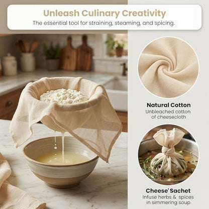 Grade 90 Cheese Cloth for Straining & Cooking,40x40 Inch,Hemmed Edges,100% Unbleached Cotton for Basting Turkey, Canning, Straining, Cheesemaking