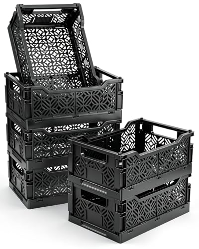 6 Pack Collapsible Storage Baskets, Black Plastic Stackable Storage Bins with Label Slot, Storage Crates for Home Office Shelves Closet Kitchen, Space Saving for Toys Snacks Supplies（12.2"x8.3"x4.7") - color: Light Black